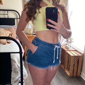 Aerie Chambray Blue Cotton Drawstring Denim Distressed Shorts — Women’s S